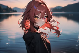 1girl, KurumiBase, clock eyes, red eye, yellow eye, heterochromia, lake, [2.5D:7], masterpiece, best quality, highres, newest, very aesthetic, General