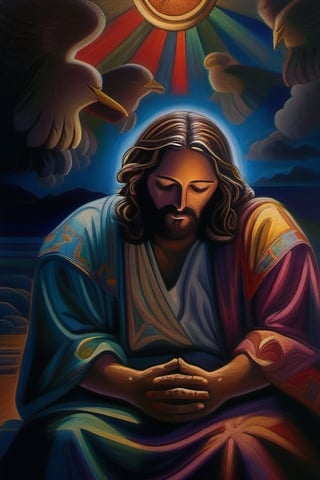 A devout figure, Jesus Christ kneels in prayer at night, eyes closed in deep devotion. The Catholic imagery captures his solemn expression and peaceful demeanor. This breathtaking painting portrays Christ's spiritual connection with vivid colors and intricate details. The scene radiates an aura of holiness and reverence, inviting viewers to experience the profound moment of faith.