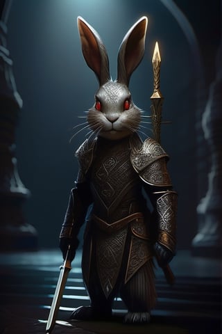 Imagine a dark and mysterious rabbit, with luminous eyes that shine in the darkness of the abyss. Between its paws, it firmly holds an intricate and ornate weapon, ready to defend itself or launch formidable attacks. The scene evokes a sense of mystery and power, with the abyssal rabbit appearing ready for any adventure or challenge that comes its way.