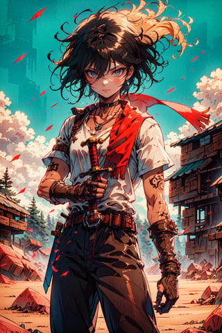 solo, looking at viewer, short hair, bangs, blue eyes, brown hair, shirt, gloves, 1boy, holding, hair between eyes, jewelry, closed mouth, standing, collarbone, white shirt, weapon, short sleeves, male focus, cowboy shot, outdoors, sky, day, black gloves, belt, pants, sword, dark skin, fingerless gloves, necklace, scarf, holding weapon, tattoo, holding sword, dark-skinned male, wind, serious, sand, arm tattoo, brown pants, desert