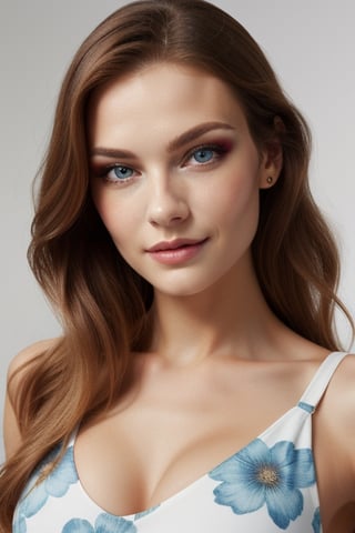 Make Face features consistent, woman in body con tight minidress, ginger long hair, make up shot of face, sea blue colored eyes, white Floral dress