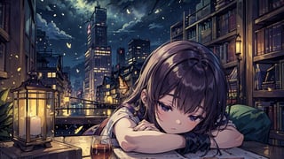 (((Masterpiece))),(((Best quality))),((Super-detailed)),(Best illustration),(Best shading),((Extremely Exquisite and beautiful)), Exterior cityscape with tall buildings, night, library with windows,Yae miko,girl,chair, table, sleeping,1girl,raven,firefliesfireflies