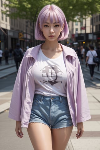 a girl walking in New York, (masterpiece), best quality, expressive eyes, perfect face, adult girl, loose hair, long hair, (big breasts, large breasts, white t-shirt, simple t-shirt, large t-shirt, open jacket), (lilac hair, lilac eyes), huge hip, thick thighs, thick legs, blue shorts, beautifull day, normal body proportion.,Anime