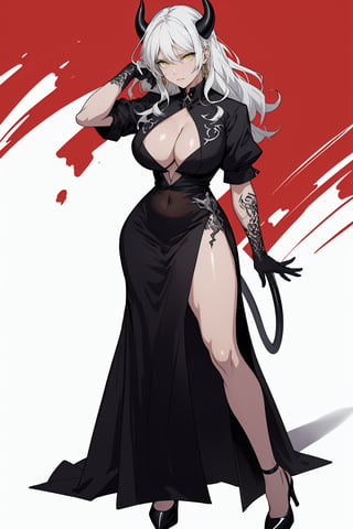 VisualAnime, dynamic_pose, dojo background, lucifer from helltaker, best job, masterpiece, full_body, adult, sexy dress, heels, long hair, white hair, woman, mature, large breasts, horns, ((yellow eyes)), full_body, stern, spaded tail, demon tail, navel tattoo, milf, one person