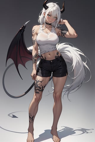 VisualAnime, dynamic_pose, dojo background, lucifer from helltaker, best job, masterpiece, full_body, adult, tanktop, shorts, barefoot, long hair, white hair, woman, mature, large breasts, horns, ((yellow eyes)), full_body, stern, spaded tail, demon tail, navel tattoo, milf, one person