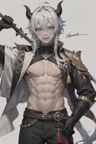 arataki itto from genshin impact, male, muscular, attractive, white hair, spiky hair, long hair, horns, bare chest, fangs, sharp teeth, tall,1boy, pointed features, arrogant, tan skin