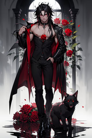 masterpiece, best results, full_body, man, ((black hair, shoulder length hair, messy hair)), ((red eyes, crimson eyes, bright eyes)), vampire, arrogant, vampire fangs, holding a rose,1guy, thin, RED EYES, GIVE HIM RED EYES