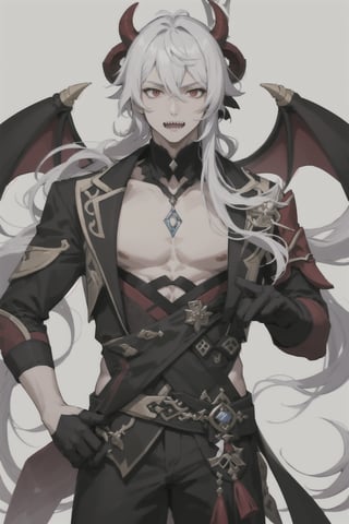 arataki itto from genshin impact, male, muscular, attractive, white hair, spiky hair, long hair, horns, bare chest, fangs, sharp teeth, tall,1boy, pointed features, arrogant