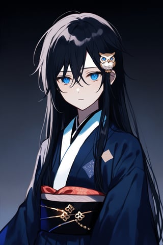 flat chested, femboy, twink, long hair, black hair, pretty blue eyes, androgynous, traditional kimono, jewelry, owl decoration in hair, gloomy