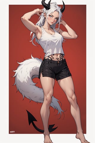 VisualAnime, dynamic_pose, dojo background, lucifer from helltaker, best job, masterpiece, full_body, adult, tanktop, shorts, barefoot, long hair, white hair, woman, mature, large breasts, horns, ((yellow eyes)), full_body, stern, spaded tail, demon tail, navel tattoo, milf, one person