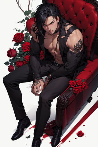 masterpiece, best results, full_body, man, ((black hair, shoulder length hair, messy hair)), ((red eyes, crimson eyes, bright eyes)), vampire, arrogant, vampire fangs, holding a rose,1guy, thin