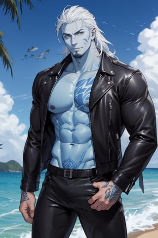 shark man, ((blue and White skin)), humanoid, White hair, beefy, cauda grande, long_hair, gills on the neck,craz , praia ,tatoo, 12.93 feet tall, yandere, leather jacket, leather pants, open chest, flirty, shark skin, facial hair, five o'clock shadow
