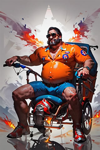 score_9, score_8_up, score_8_up, score_7_up, 1 man, (disabled person in a wheelchair:1.45), huge man, fat man, brutal men, beard, middle-aged, dressed in biker clothes and a shiny polished biker helmet, large sunglasses, disabled, broken legs, legs in a cast, moves on a tuned wheelchair, v8 engine, super charger engine, wide tires on wheels, fire from exhaust pipes, simple plain gray background, in motion,concept art, realistic,Expressiveh,dark theme