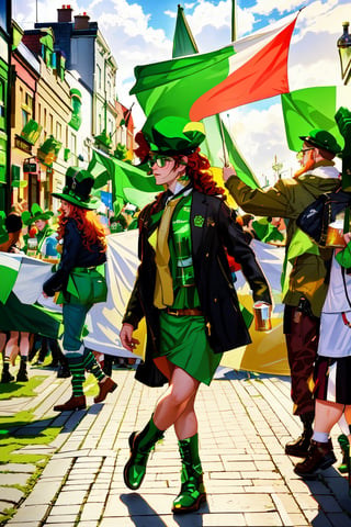 many young people in colorful suits with green shades celebrate St. Patrick's Day on the main street of the city, many have red curly hair, men have curly red beards, Irish flags are waving, many are drinking beer on the street from large beer mugs, an atmosphere of joy and fun, early spring, holiday, Ireland, beautiful girls,irish,edgShamrock