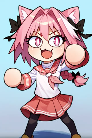 score_9, score_8_up, score_7_up, score_6_up, score_5_up, score_4_up, BREAK, 1girl, solo, necoarc, lit pupils, cat ears, (((pink hair, pink_eyes))), chibi, :3, turtleneck, absurdres, fight_pose ,astolfo_hair, pantyhose,NECOARC PINK HAIR