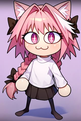 score_9, score_8_up, score_7_up, score_6_up, score_5_up, score_4_up, BREAK, 1girl, solo, necoarc, lit pupils, cat ears, (((pink hair, pink_eyes))), chibi, :3, turtleneck, absurdres, astolfo_hair, pantyhose,NECOARC PINK HAIR