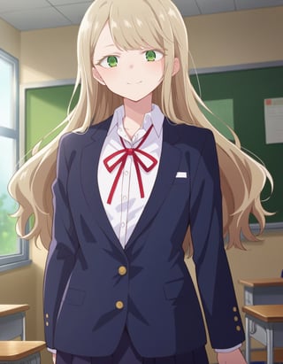 score_9,score_8_up,score_7_up,source_anime,yurine hanzawa, long hair, bangs, blonde hair, green eyes, skirt, shirt, long sleeves, ribbon, school uniform, jacket, white shirt, collared shirt, red ribbon, neck ribbon, blazer, blue jacket, indoors, classroom, smile, looking at viewer, cowboy shot, dutch angle, solo,