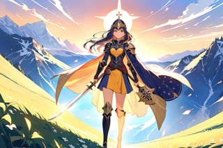 Highly detailed, high quality, very beautiful, At the top of a steep hill, against the twilight horizon, an imposing figure stands with majesty. A woman, wearing full armor, stands at the highest point of the terrain, gazing determinedly into the valley below. Her helmet is adorned with intricate details, with a visor that reveals only her resolute eyes, shining with the golden light of the setting sun. Her armor, polished to an impeccable shine, is a masterpiece of craftsmanship, each plate meticulously forged to offer maximum protection without compromising mobility. Each piece gleams as it reflects the last rays of sunlight, creating a striking contrast with the somber landscape around her. In her right hand, she holds a longsword, whose gleaming blade seems eager to challenge any adversary that dares to cross her path. In the left, a shield adorned with a familiar crest, symbol of her lineage and heritage. The wind gently stirs the cape that envelops her shoulders, highlighting her firm and confident posture. She is a fearless warrior, a defender of her realm and her people, ready to face any challenge that fate may hold. Around her, the medieval scenery unfolds in all its grandeur. Castle towers rise against the orange-tinted sky, while verdant fields stretch as far as the eye can see. The distant sound of church bells and the clashing of swords echo through the air, reminding her of the constantly conflicted world she has sworn to protect. In this solemn moment, she prepares to descend the steep slope toward the valley below, where destiny awaits with its challenges and dangers. But she does not falter; her heart is filled with courage and determination, ready to face any battle that life may present her,golden-colored clothing
