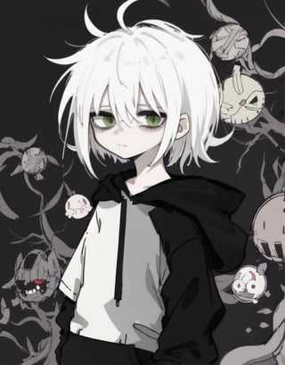 dark,black,,(Plain_color),(((madness))),(((male))),(((sadist))),(((short-hair))),(((solo boy))),(((White_hair))),(((simple))),(((Black hoodie))),(((solo))),(((black background))),HimikoT,(((shota))), green eyes,sketch