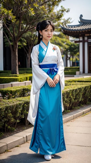 1girl, beautiful face, earrings, (full body portrait photoshot), wearing (hanfu:1.2) up to her chin, short dark hair, (simple plain background),pimple