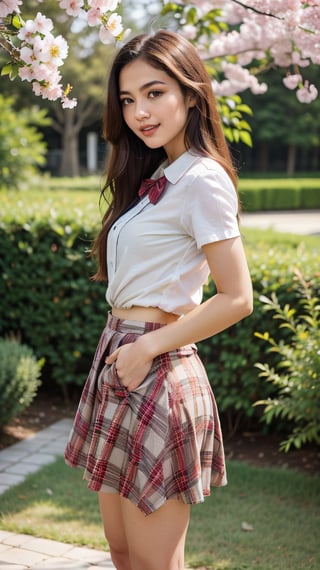 A masterpiece of elegance and whimsy: aamahiru stands confidently, leaning forward with arms behind her back, in a plaid skirt that contrasts delightfully with the lush greenery of the cherry blossom tree. A crisp white shirt with short sleeves showcases her toned physique, while a red bowtie adds a touch of playfulness. Her long hair cascades down her back like a golden waterfall, as she flashes an inviting smile with open mouth, captivating all who lay eyes on this breathtaking scene.