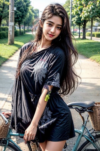 beautiful cute young attractive indian teenage girl, village girl, 18 years old, cute, face smiles,Instagram model, long black_hair, colorful hair, warm, collage dress, cycling, indian_style