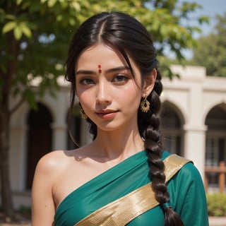 Protrait, photograph, androgynous , oval jaw, delicate features, beautiful face, dreadlocked hair, long bangs, long ponytail, bright blue-green eyes, hindu art, India, saree, transparent 