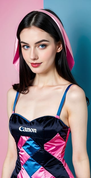 woman, beautiful face, perfect face, blue eyes fully black hair, straight hair, pale white skin, light pale white skin, little smile, perfect, fully hot pink and blue background, hot harlequin pink and blue background, saturated harlequin pink and dark blue
, golden objects around, best quality, professional studio lighting, details, canon eos 80d photo, indoor, long dress body covering