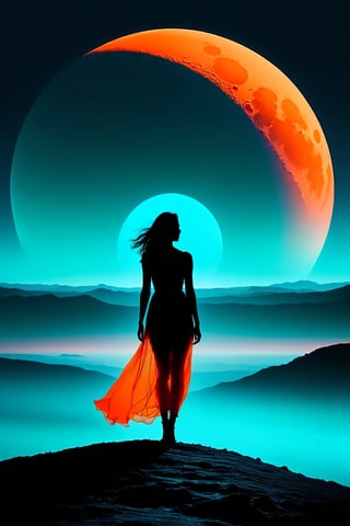 minimalistic, distant horizon line, an otherworldly landscape in the style of neon silhouette contrast, big orange moon rising, cyan fog, silhouette of a woman, 
   