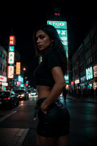 low key photography, a woman posing on the street, in a bustling city intersection illuminated by neon signs, from a  front angle, intense contrast, shadows, minimal lighting, deep black, moody atmosphere, chiaroscuro, rich textures, detailed composition, taken in 35mm
