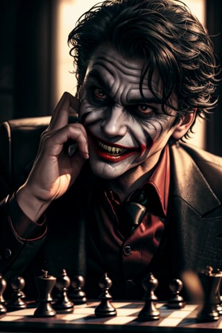 Joker's maniacal laughter echoes through the dark, cinematic atmosphere as he makes his next move on the chessboard, while Batman watches intently, his eyes narrowed in focus. The RAW photo shot by a DSLR Fuji-film XT3 captures the scene with stunning detail and depth of field, soft lighting highlighting the intricate textures of Joker's clothes and the chess pieces. Film grain photography adds to the realistic, lifelike quality, making it seem like you're looking at a 4K or 8K resolution UHD image. The centered composition draws your eye directly to the action, with no distractions in the background.