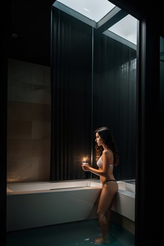 bath separate on the catwalk, shower Lake vertical, candles in the niche, modern style, loft, panoramic windows with sunset, against the wall behind the glass partition tropical shower with shampoo shelves, dark, spread black-out curtains, iso400, 4k, hyperrealism, hyperdetalization, professional photography, view from the corner
