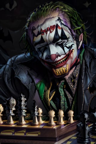 (Joker laughing playing chess with Batman:1.6), (dark:1.2), (cinematic atmosphere:1.2), RAW photo shot by DSLR Fuji-film XT3 depth of field, soft lighting film grain photography Realistic photo-realistic Lifelike, (detailed clothes photo background), (full sharp:1.2), intricate 4k 8k quality resolution UHD, extremally ultra textures, Centered, digital art
