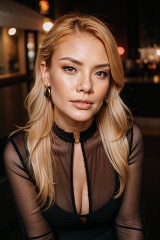 extreme close-up photo of ginger woman with Ruby earrings, lovely eyes, blonde hair, in her 20s, her skirt is gold and black, her blouse obsidian with long sleeves, around her neck there's emo choker,Fujifilm Velvia 50