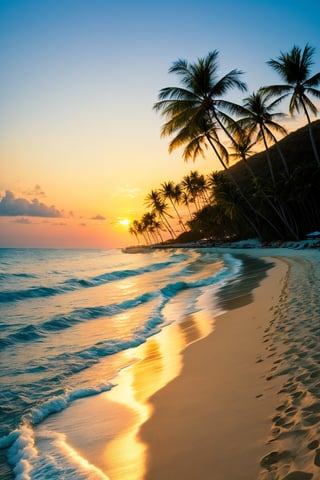 Picture a serene beach at sunset, where palm trees sway gently in the ocean breeze, and the golden rays cast a warm glow on the sand.