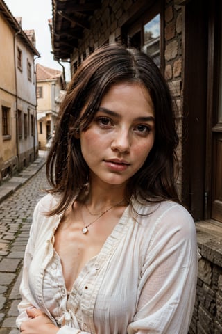 Portrait photography, a woman in a traditional dress, in a historic village, mid-morning, magical light, eye level angle, dreamy mood, cobblestone streets and old buildings, soft light, soft colors, ethereal atmosphere