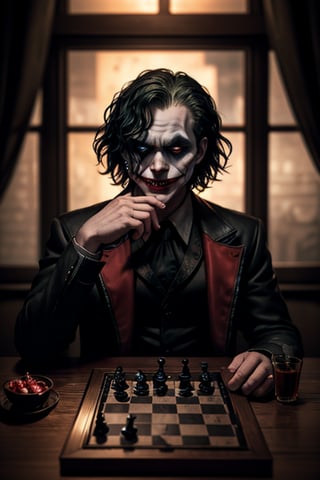 A cinematic masterpiece unfolds as the Joker's maniacal laughter echoes through a dark, dimly lit room. The camera captures a RAW photo shot with a Fuji X-T3 DSLR, showcasing a soft, film-like lighting and depth of field that puts the viewer in the scene. Batman, dressed in his iconic Batsuit, makes a calculated move on the chessboard as the Joker's eyes gleam with mischief. The detailed clothes and intricate textures of their surroundings come alive in 4K/8K resolution, with an UHD quality that rivals reality. The centered composition draws attention to the intense psychological battle between these two arch-nemesis, as the darkness of the setting reflects the turmoil brewing within.