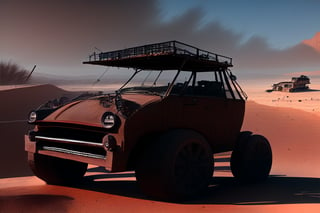 Crossout ctaft car on 4 big mud tired wheel, large Brum bar, roof rack, driving through an abandoned city Moscow in the desert, destroyed houses, sand, dust, sandstorm, thunderstorm, fire from exhaust pipes,scrap metal,rusty car,crossout craft,realism, mad max, 