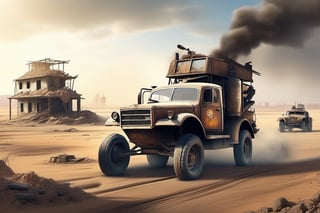 Crossout ctaft car on 4 big mud tired wheel, large Brum bar, roof rack, driving through an abandoned city Moscow in the desert, destroyed houses, sand, dust, sandstorm, thunderstorm, fire from exhaust pipes,scrap metal,rusty car,crossout craft,realism, mad max,futuristic car,tag score