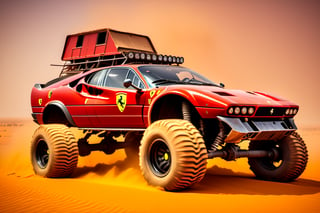 Ferrari car on 6 big wheels from Big Foot, mud tires, large kangaroo, roof rack, driving through an abandoned city in the desert, destroyed houses, sand, dust, sandstorm, thunderstorm, fire from exhaust pipes,scrap metal,rusty car,crossout craft,realism