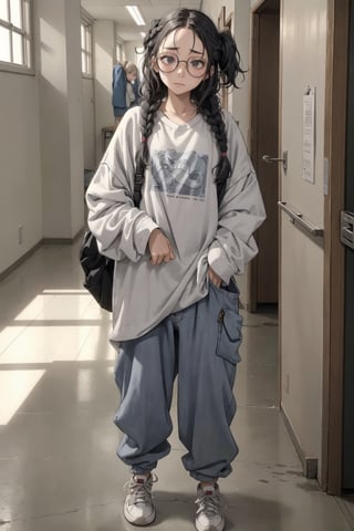 nerdy little girl 16 years old in wrinkled baggy clothes and big glasses, she has disheveled hair somehow tied up in a braid, no makeup, an exhausted face, she is wearing baggy gray pants, dirty sneakers and a baggy oversized sweater, she has a bunch of books in her hands, she is standing in the middle of the school corridor and looks offended,shirt