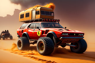 Ferrari car on 6 big wheels from Big Foot, mud tires, large kangaroo, roof rack, driving through an abandoned city in the desert, destroyed houses, sand, dust, sandstorm, thunderstorm, fire from exhaust pipes,scrap metal,rusty car,crossout craft,realism