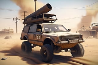 Crossout ctaft car on 4 big mud tired wheel, large Brum bar, roof rack, driving through an abandoned city Moscow in the desert, destroyed houses, sand, dust, sandstorm, thunderstorm, fire from exhaust pipes,scrap metal,rusty car,crossout craft,realism, mad max,futuristic car,tag score