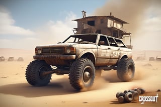 Crossout ctaft car on 4 big mud tired wheel, large Brum bar, roof rack, driving through an abandoned city Moscow in the desert, destroyed houses, sand, dust, sandstorm, thunderstorm, fire from exhaust pipes,scrap metal,rusty car,crossout craft,realism, mad max,futuristic car,tag score