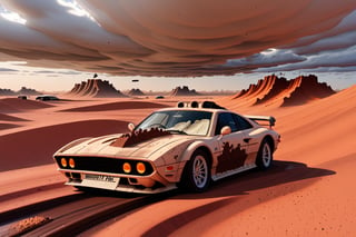 Ferrari car on 6 big wheels from Big Foot, mud tires, large kangaroo, roof rack, driving through an abandoned city in the desert, destroyed houses, sand, dust, sandstorm, thunderstorm, fire from exhaust pipes,scrap metal,rusty car,crossout craft,realism