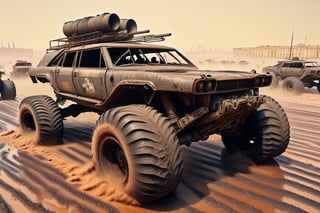 Crossout ctaft car on 4 big mud tired wheel, large Brum bar, roof rack, driving through an abandoned city Moscow in the desert, destroyed houses, sand, dust, sandstorm, thunderstorm, fire from exhaust pipes,scrap metal,rusty car,crossout craft,realism, mad max,futuristic car,tag score