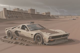 Ferrari car on 6 big wheels from Big Foot, mud tires, large kangaroo, roof rack, driving through an abandoned city in the desert, destroyed houses, sand, dust, sandstorm, thunderstorm, fire from exhaust pipes,scrap metal,rusty car,crossout craft,realism