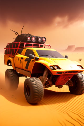 Ferrari car on 6 big wheels from Big Foot, mud tires, large kangaroo, roof rack, driving through an abandoned city in the desert, destroyed houses, sand, dust, sandstorm, thunderstorm, fire from exhaust pipes,scrap metal,rusty car,crossout craft,realism