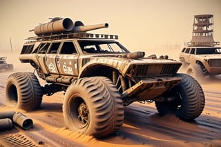 Crossout ctaft car on 4 big mud tired wheel, large Brum bar, roof rack, driving through an abandoned city Moscow in the desert, destroyed houses, sand, dust, sandstorm, thunderstorm, fire from exhaust pipes,scrap metal,rusty car,crossout craft,realism, mad max,futuristic car,tag score