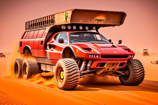 Ferrari car on 6 big wheels from Big Foot, mud tires, large kangaroo, roof rack, driving through an abandoned city in the desert, destroyed houses, sand, dust, sandstorm, thunderstorm, fire from exhaust pipes,scrap metal,rusty car,crossout craft,realism